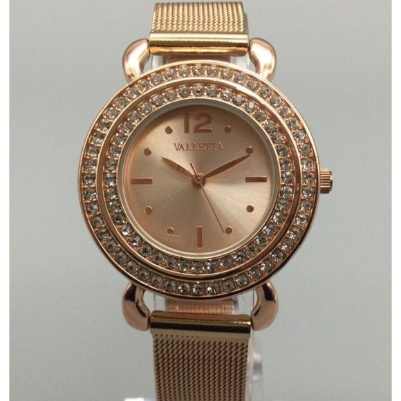 Valletta Accessories Valletta Watch Women Rose Gold Tone Round Pave Mesh Band New Battery 9